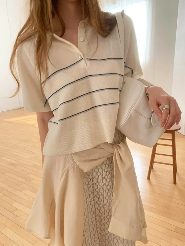 

Summer Thin Loose Women's Ne Knitted ort Sve Striped Top Casual Versatile College Sle Lightweight Breathable T-...