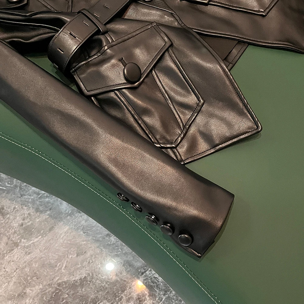 TWOTWINSTYLE Solid Slimming Leather Jackets For Women V Neck Long Sleeve Spliced Belt Casual Jacket Female Fashion New KJA545492