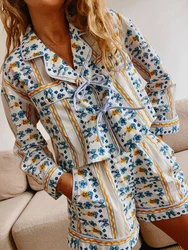 Women y2k Aesthetic Tie Front 2 Piece Clothes Sets Floral Print Long Sleeve Elegant Shirts Tops Loose Shorts Loungewear Outfits