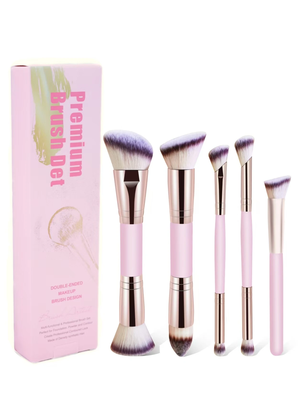 مجموعة فرش مكياج احترافية مزدوجة الأطراف للوجه 3/4/5 قطع، فرشاة كريم أساس مشطوفة وستدقة، فرشاة كونتور، فرشاة أحمر الخدود، فرشاة البودرة