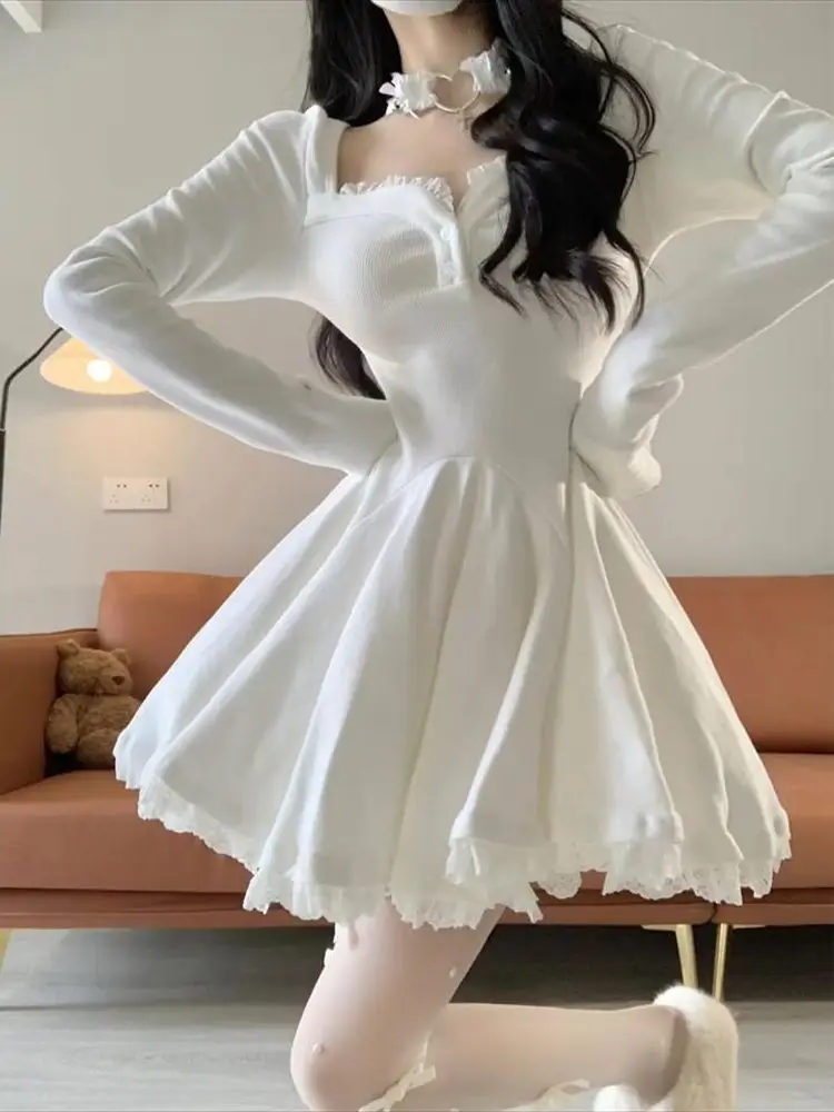 فستان نسائي طويل الأكمام من فيستدوس تونك بياقة مربعة بسيط موضة صغيرة Hotsweet الخريف الحلو الكورية نمط مريح ألف خط الطرف #2