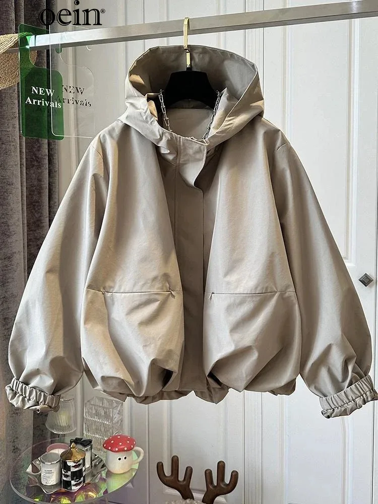 [oein] 2024 Unique Western Casual Silhouette Hooded Windbreaker With Flower Bud Short Jacket For  Autumn, Loose Fitting Assault