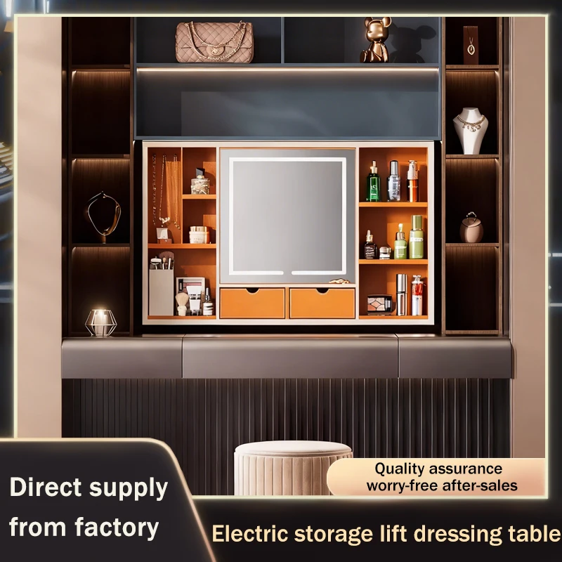 High End Smart Voice Control Motorized Lifting Hidden All In One Wardrobe Vanity With Makeup Mirror Watch Winder And Storage