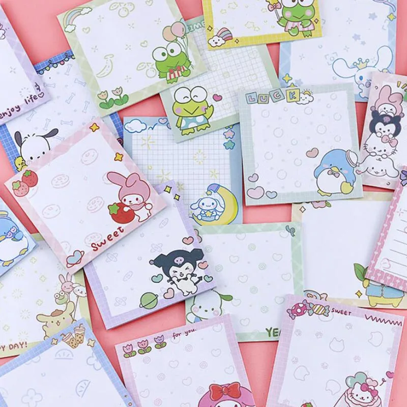 Sanrio แผ่นจดบันทึก80แผ่นกระดาษโน๊ตเมโลดี้น่ารัก pochacco Kuromi แผ่นป้ายเขียนโน๊ตสติกเกอร์วางแผนโพสต์อุปกรณ์การเรียน