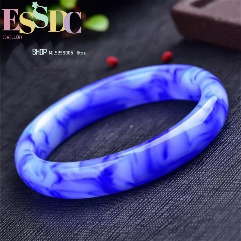 Natural Hetian Gobi Jade Outer Mongolian Blue and White Porcelain Floating Flower Women's  Bracelet