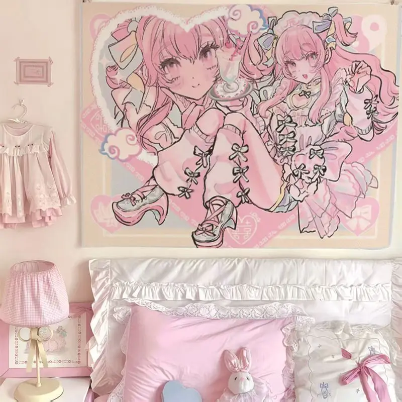 VIKAMA Pink Cute Anime Girl Tapestry Living Room Bedroom Esports Room Wall Hanging Lolita Esports Girl Style Home Decoration