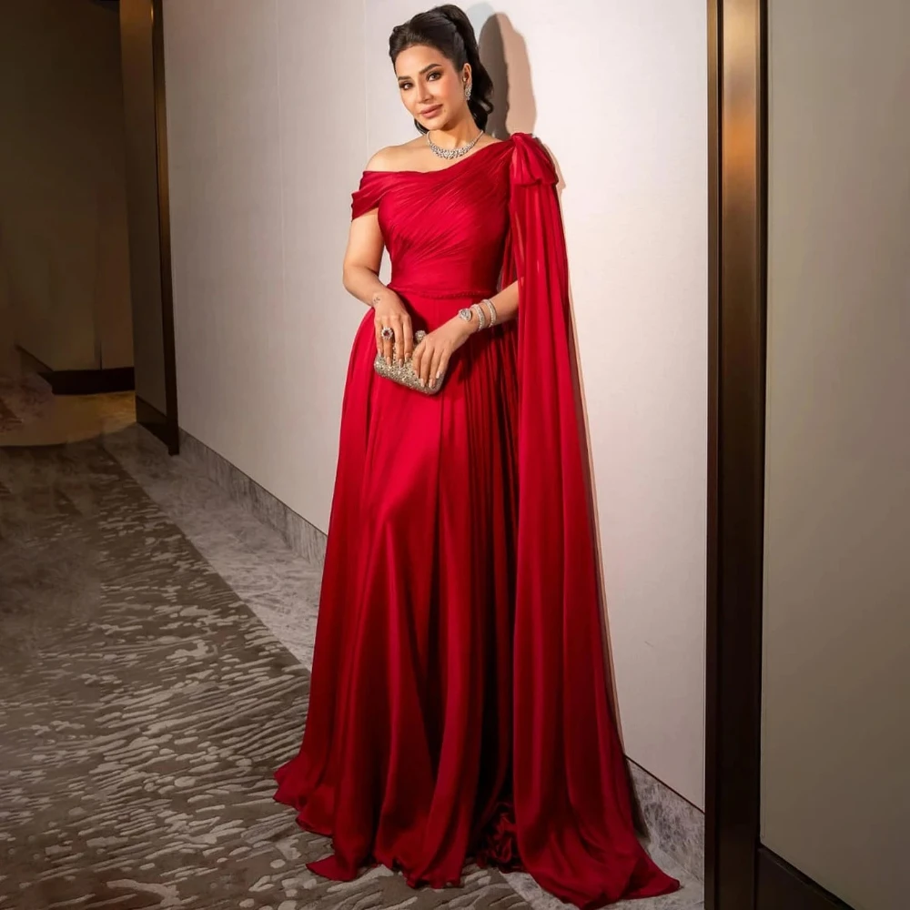 

Elegant Red Evening Dress Off Shoulder A Line Floor Length Prom Gown Fashion Bow Ruched Pleat Party Dress Customized