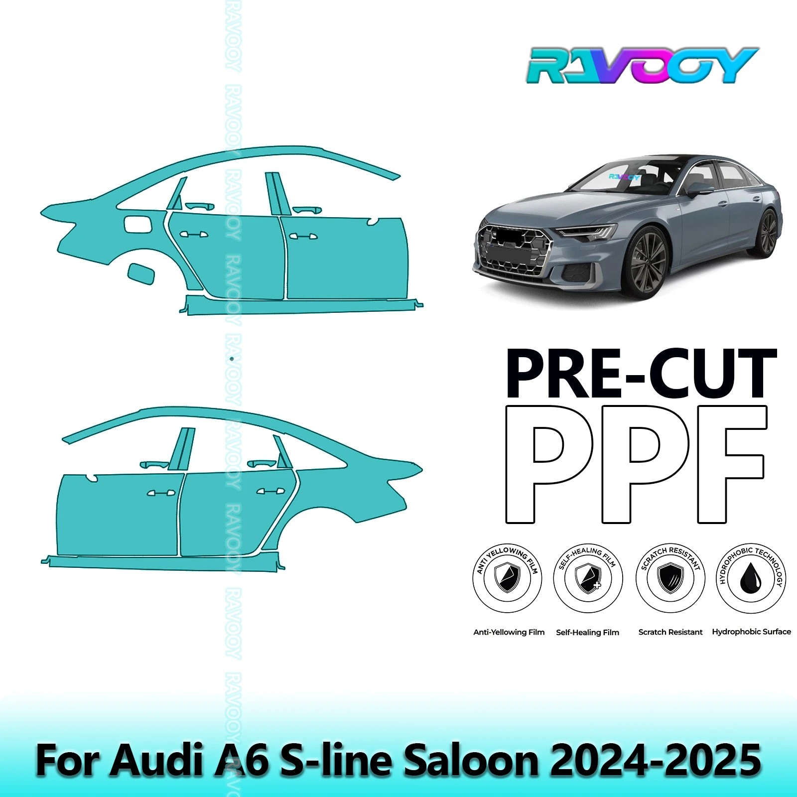 

For Audi A6 S-line Saloon 2024-2025 8.5mil Clear Matte Pre-Cut PPF Door & A/B Pillar Kit TPU Paint Protection Film Set