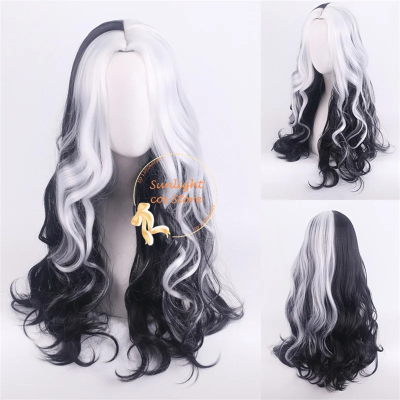 High Quality Anime Cruella de Vil Cosplay Wig Long Half Black And Half White Cruly Heat Resistant Synthetic Hair Women Party Wig