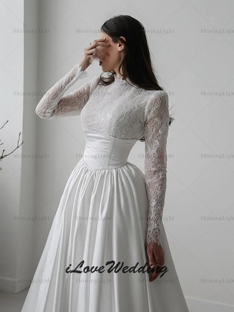 Suknie ślubne arabskie ShiningLight, wysoki dekolt, koronka, długie rękawy, biała linia A, satynowe suknie ślubne, Vestidos De Novia, szyte na miarę