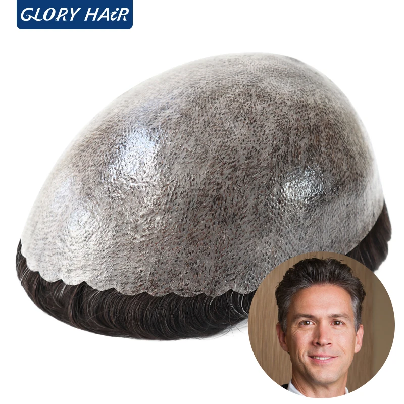 الرجال الشعر البشري الاصطناعية مع شعر رمادي شعر مستعار الرجال حقن رقيقة الجلد وحدة الشعر نظام استبدال الشعر الذكور الاصطناعية #1