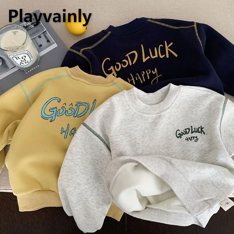 

Детская толстовка в корейском стиле, новые зимние толстовки с круглым вырезом и буквенным принтом для мальчиков и девочек, флисовые теплые топы, детская повседневная одежда H0650