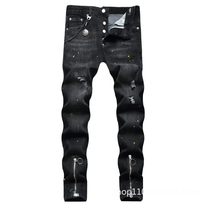 

Men Black Skinny Denim Jeans Holes Jeans Italian Style Stretch Denim Pants High Quality Male Slim Fit Denim Trousers Size 42