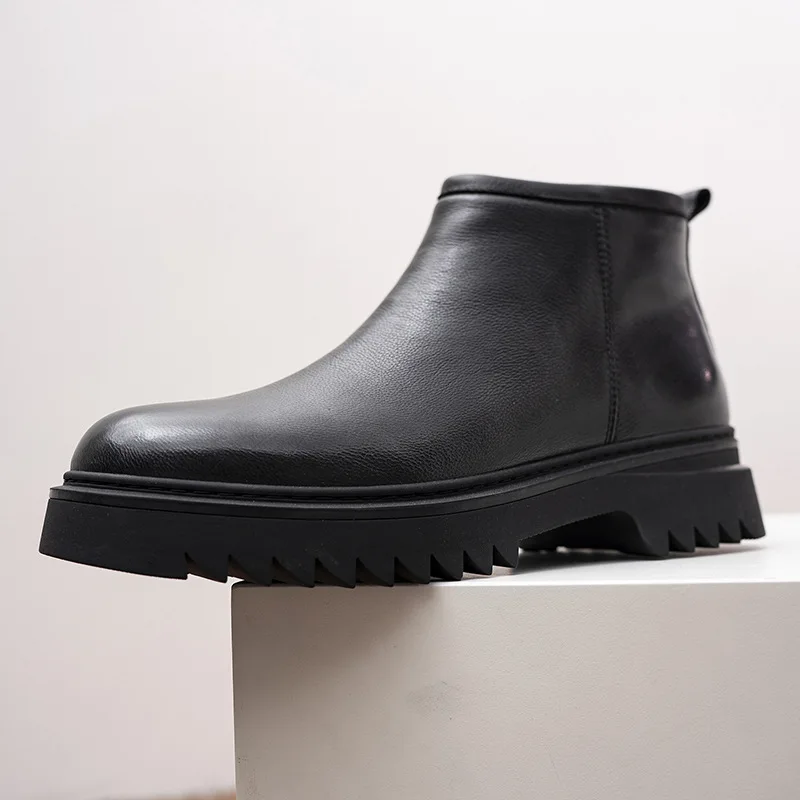 Men's leather shoes, warm in winter, soft leather surface, pure wool, comfortable, high top zipper leather boots