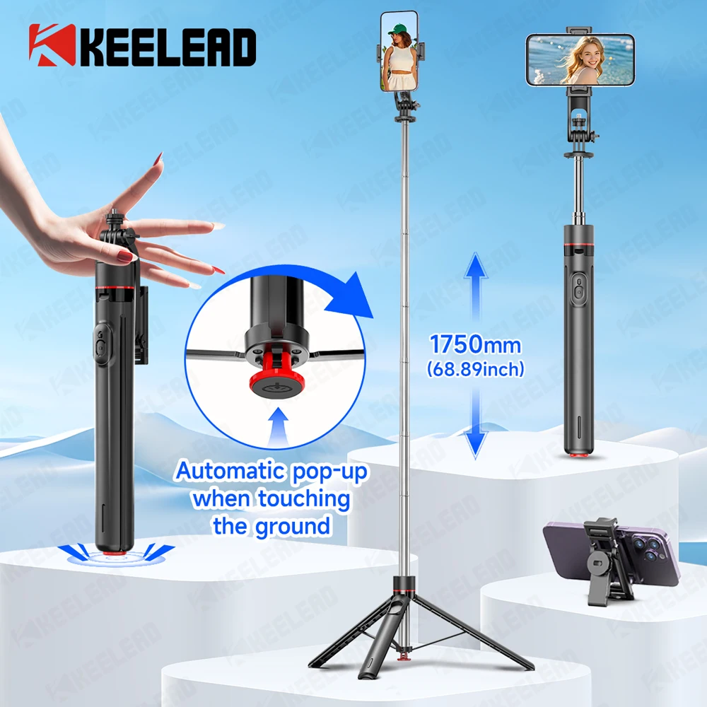 Trípode KEELEAD, varilla de extensión de 1,75 m, soporte para palo de Selfie para teléfonos móviles, trípodes abiertos Pop automáticos, interfaz 1/4′ para cámara de acción