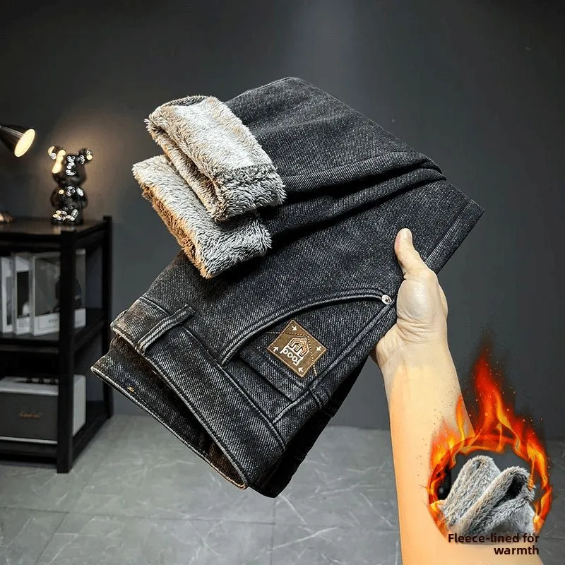 

Высококачественные мужские джинсы с меховой отделкой, зауженные, прямые, эластичные, повседневные, модные, хлопковые, длинные брюки для молодежи, на все сезоны