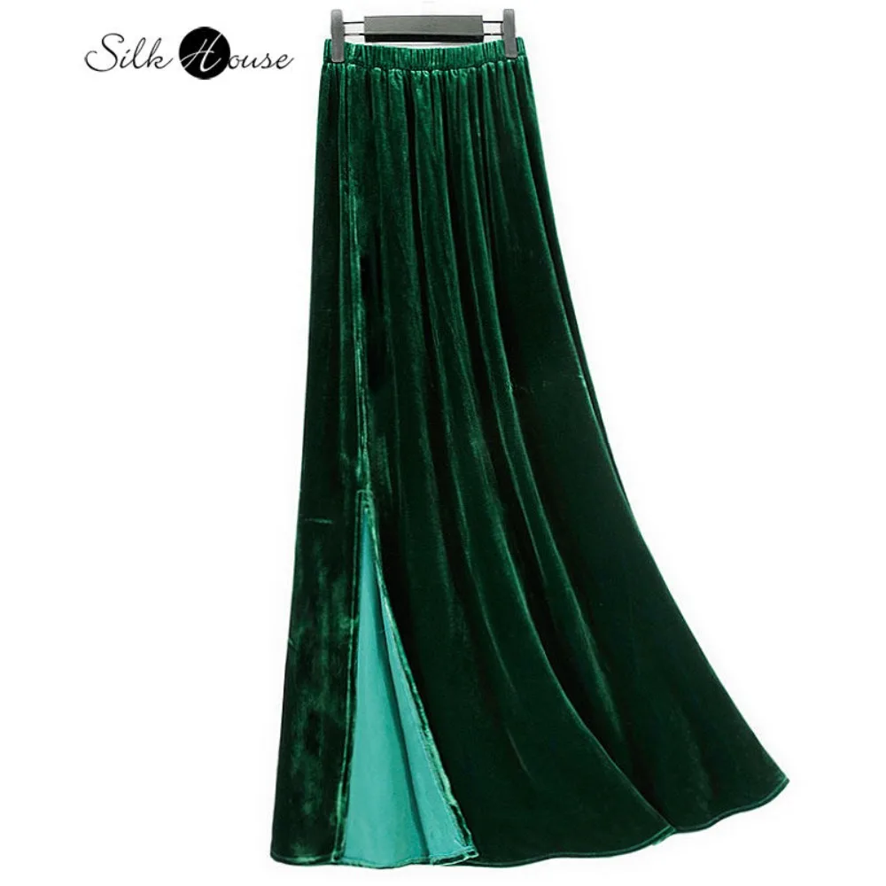 

2026 женская ранняя весна, новинка 30% натурального шелкового бархата, темно-зеленая юбка с эластичной резинкой на талии и разрезом на талии, одношаговая юбка