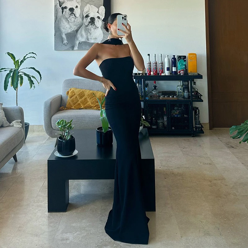 Fashion Women Halter Slim Evening Dress Sexy Strapless High Waist Tight Long Dress Elegant Solid Off Shoulder Bridesmaid Dresses