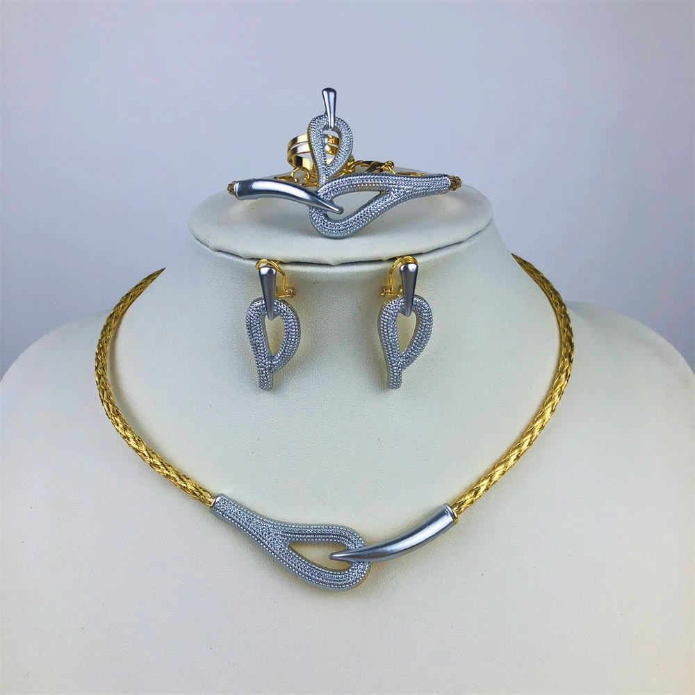 ESALE Italian Design Jewelry Set Gold Silver Color Two Tone Necklace Bracelet Geometry Stud Earring Ring For Women Wedding Gift