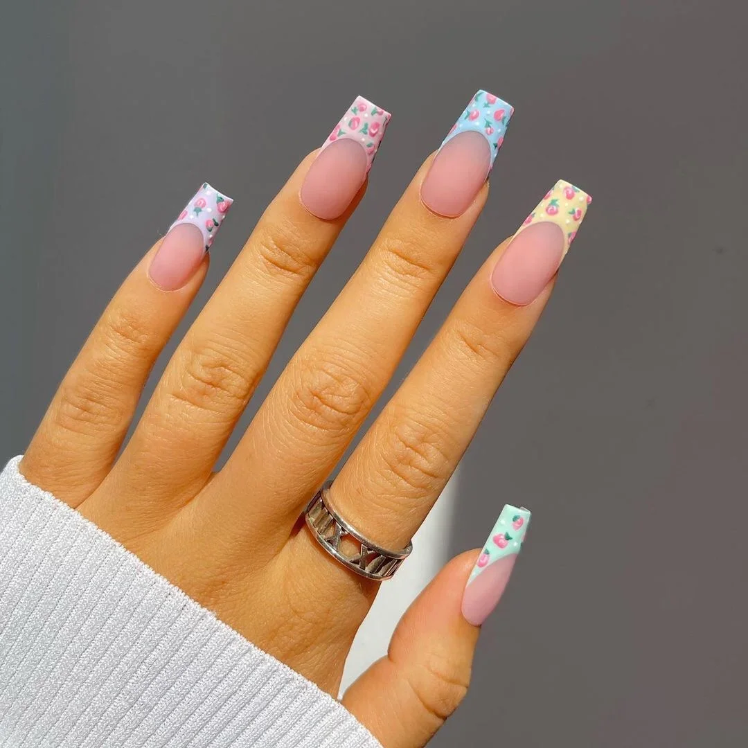 Faux ongles longs cercueil ballerine française rose, couverture complète, design petite fleur, presse sur les pointes des ongles, poignées amovibles, N64