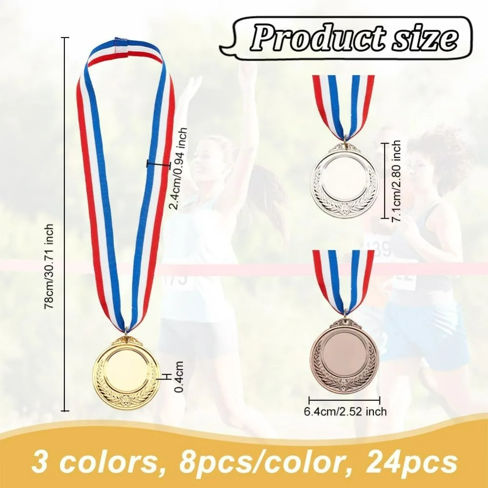 24Pcs 3 Colors Blank Award Medals Zinc Alloy Medals with Stripe Pattern Lanyard Flat Round Cheer Medals Participation Trophy