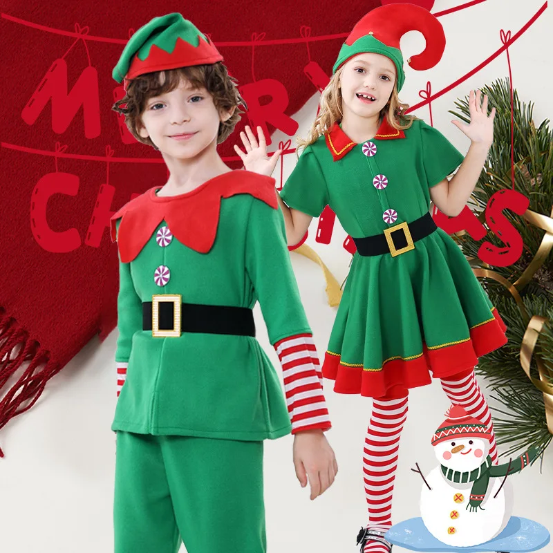 Hot Christmas Family Matching Elf Costume Dress Santa Claus Green Elf Cosplay Clothing for Men Women Girls Boys Suits Xmas Gifts