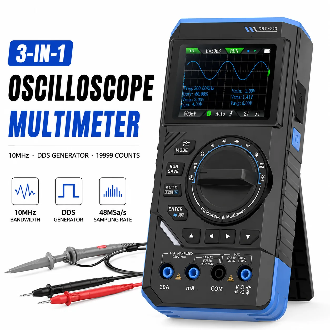 

FNIRSI DST-210 3-IN-1 Handheld Oscilloscope 10MHz 48MS/s, Digital Multimeter 19999 Counts, with DDS Signal Generator