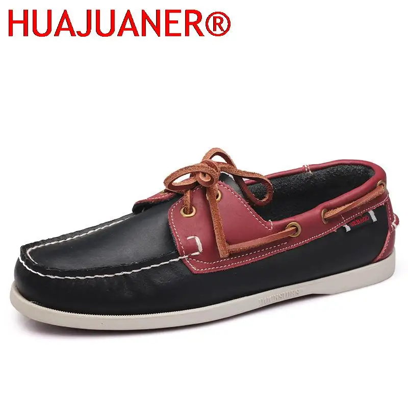 HUAJUANER 2023 Spring Solid Men\'s Boat Footwear Fashion Leather Loafers Slip On&Lace Up Casual Shoes Man Comfortable Lazy Shoes