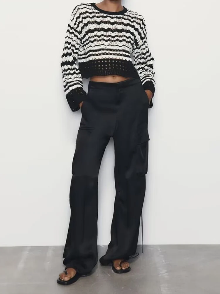 

Модный кружевной жаккардовый пуловер с волнистым узором с круглым вырезом и длинными рукавами-раструбами, Короткий трикотажный топ из синели для женщин