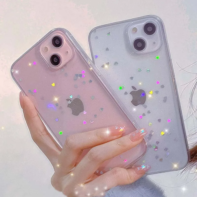 Glitter Love Heart Star Sequins Phone Case For iPhone 11 12 13 14 Pro Max XS Max XR X 7 8 14 Plus Soft Bling Clear Cover Capa