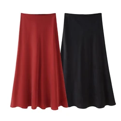 YENKYE High Street Women Mid Waist Satin A-line Midi Skirt Red Black Elegant faldas mujer