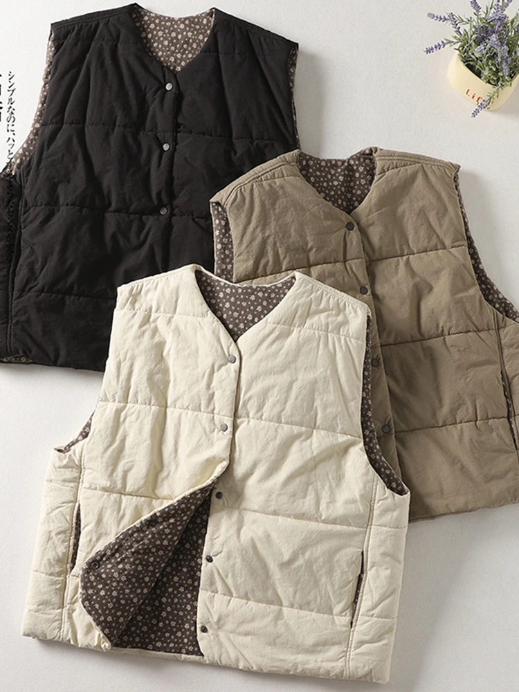 

Women's Lightweight down Cotton Vest Jaet Loose Thiened Warm Double Layered Retro Winter Outerwear round Ne Button Detail