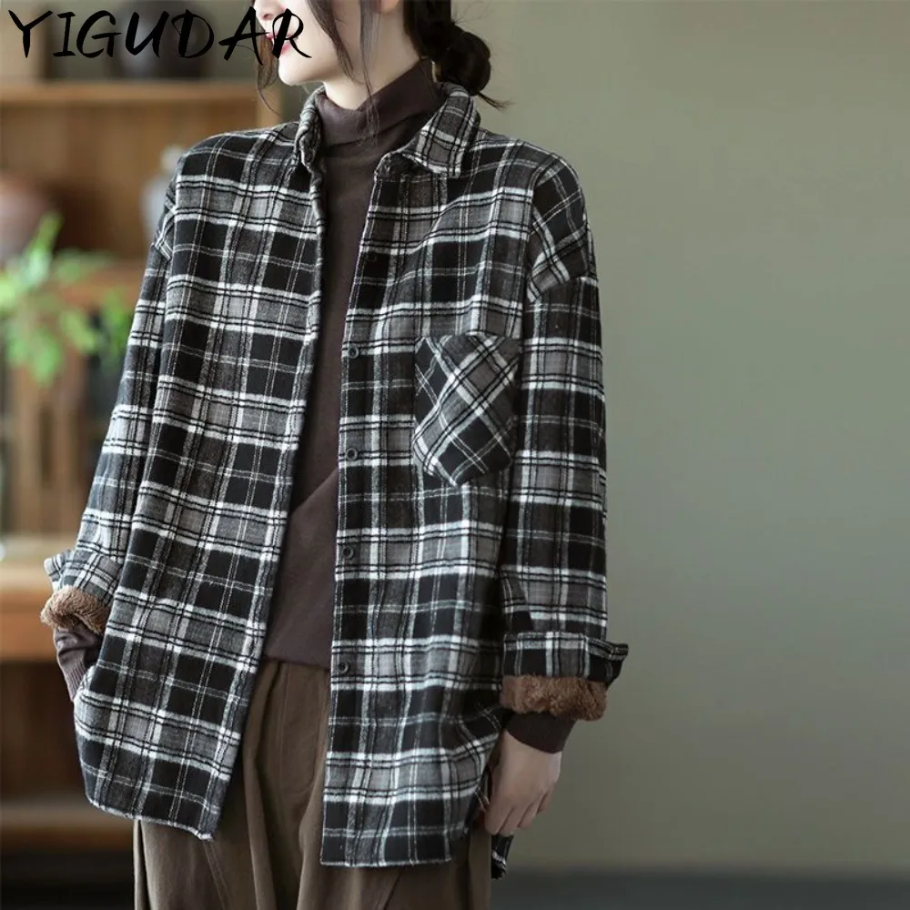 

Women's Winter Jackets 2023 Plaid Women's Blouse Turndown Collar Long Sleeve Loose Thicken Women's Shirt Button Coat Thickening