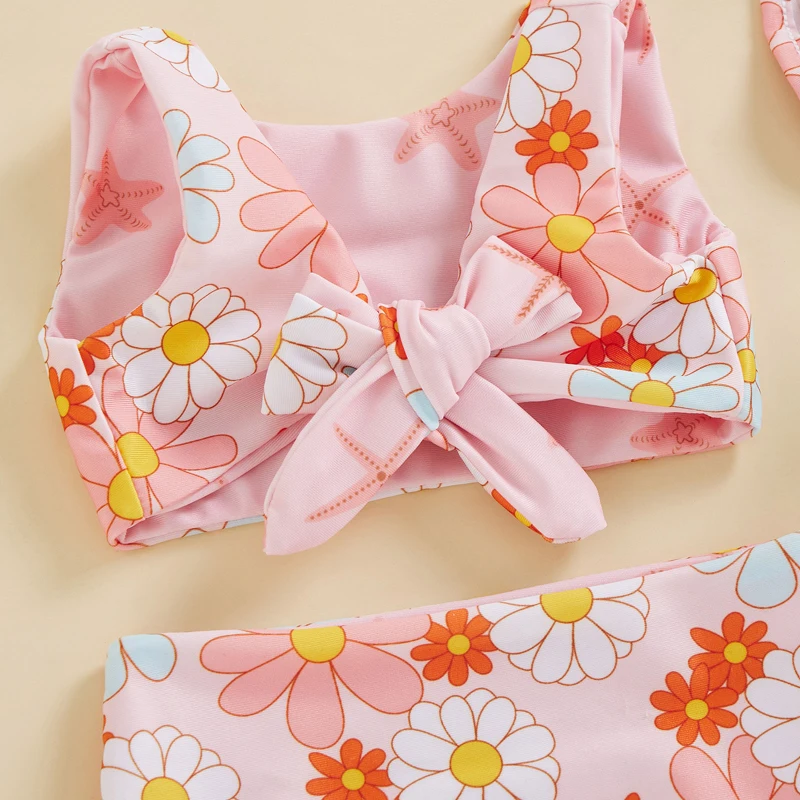 2022-12-13 Lioraitiin 0-4Years Toddler Girls Summer 3PCS Swimwear Sets Sleeveless Bow Tank Tops Floral PP Shorts Hat image 5