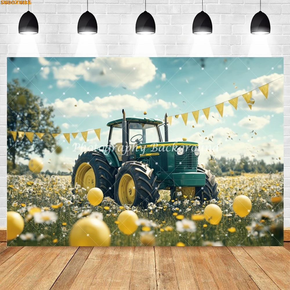 

Spring Green Tractor Lawn Background Photography Farm Truck Balloon Flowers Backdrop Children Birthday Party Decor Photobooth
