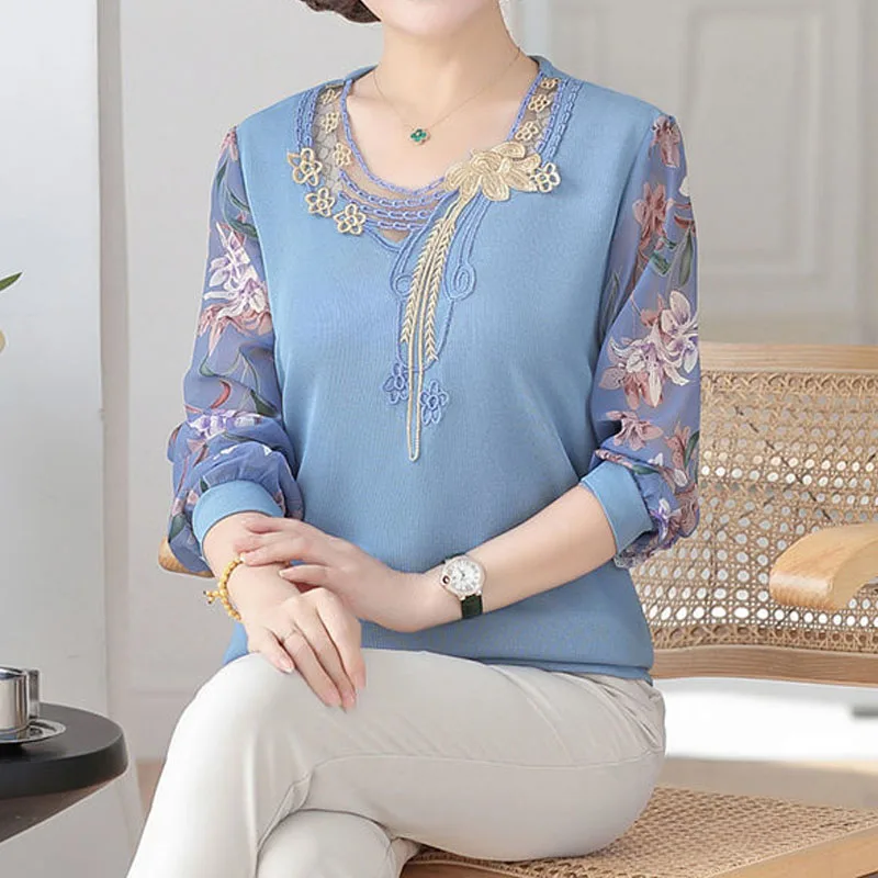 Spring Summer Chinese Style Flower Pattern Printing Lantern Sleeve O-Neck Clothing Ladies Three-dimensional Embroidery Blouse