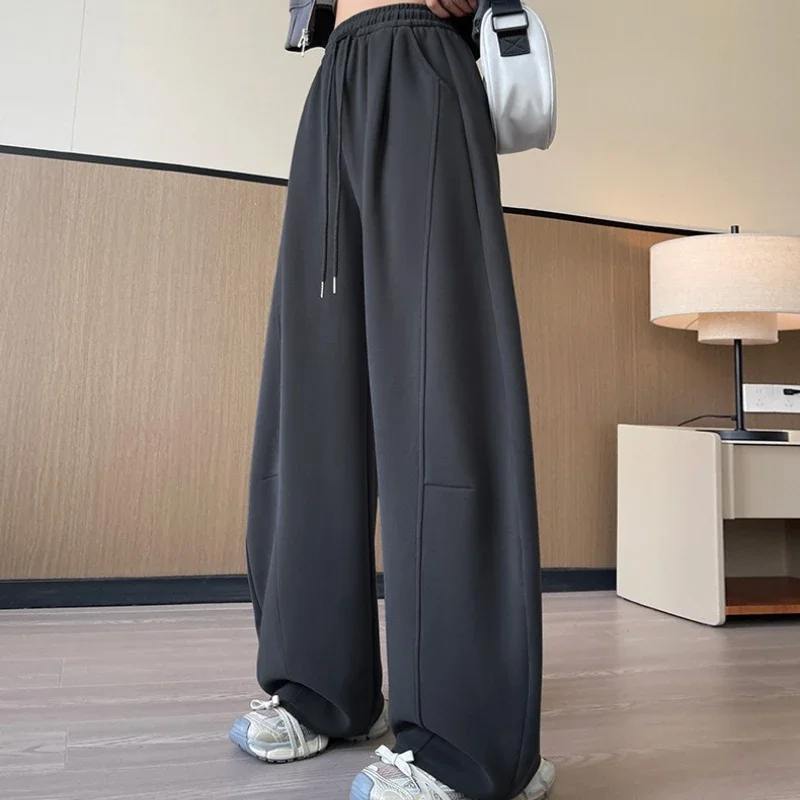 Autumn Winter Warm Sweatpants Women Thicken Fleece-lined High Waist Wide Leg Running Fitness Gym Pants Loose Fit Lounge Trousers