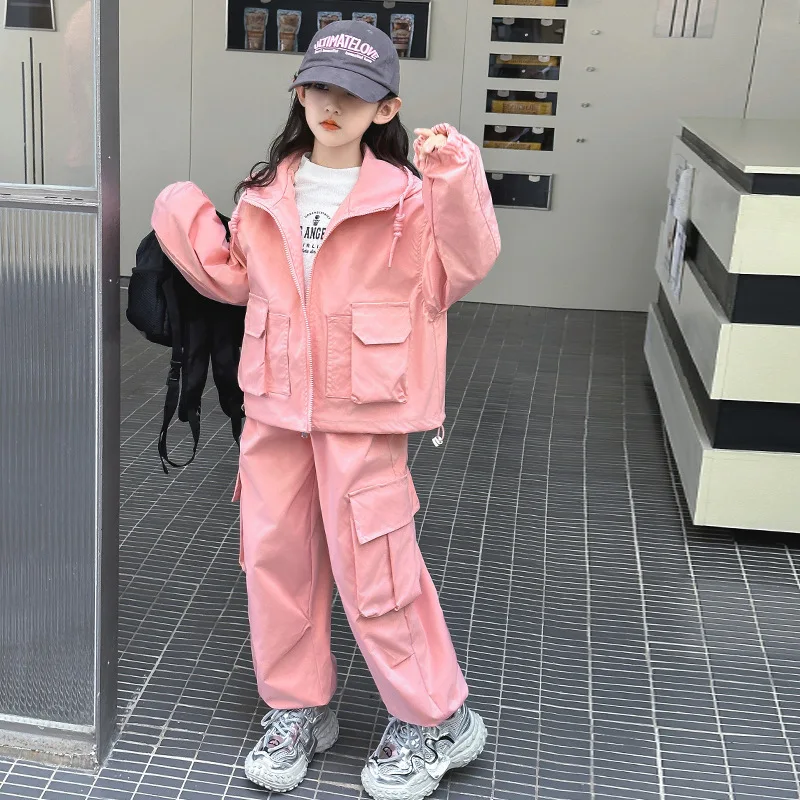 

Наряды для девочек 2026 Новое повседневное пальто с капюшоном + свободные брюки-карго 2 шт. Осенняя детская одежда Костюм Детский костюм Одежда для девочек-подростков 198