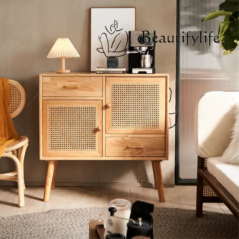 Nordic solid wood dining side cabinet Hotel restaurant Multifunctional handmade rattan tea cabinet Home living room Minimalist l