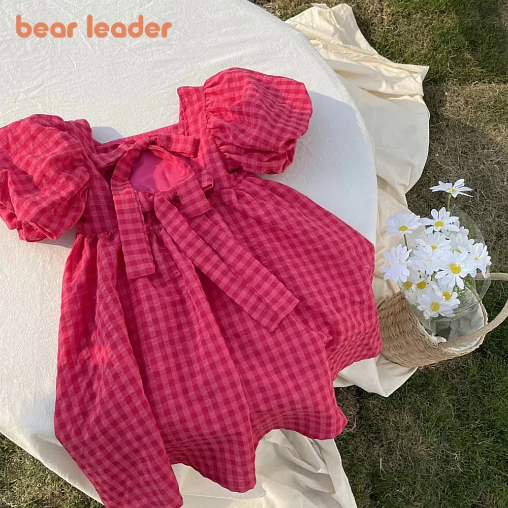 Розовое клетчатое платье с бантом Bear Leader, элегантное платье миди в стиле Лолиты для больших девочек, детские платья, праздничный сарафан