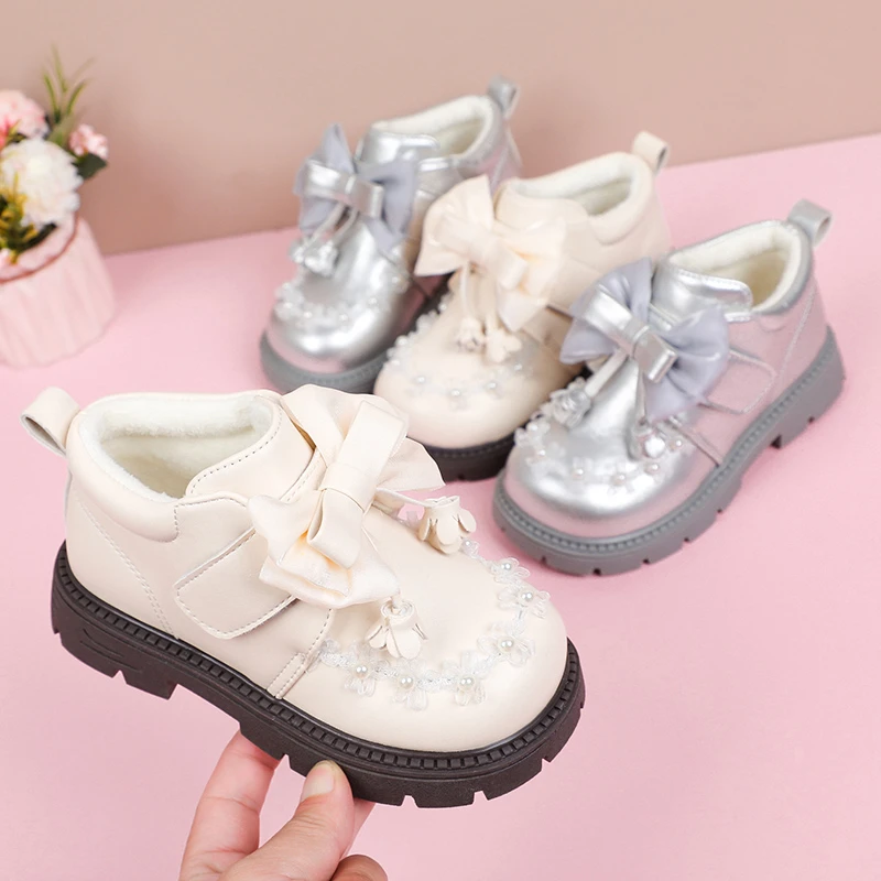 

Зимние новые модные ботинки с бантом на молнии для маленьких девочек, милые элегантные детские прогулочные ботинки на толстой подошве с цветочным принтом, Zapatos Mujer