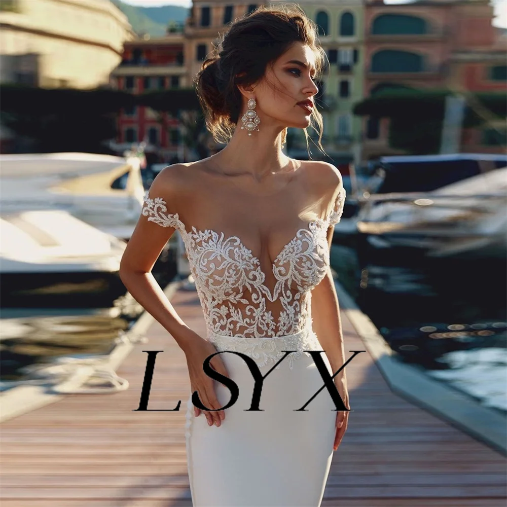 LSYX-Boho Off-Ombro Apliques, Deep V-Neck, Crepe Sereia Vestido de Noiva, Ilusão, Back Court Trem vestido de noiva, Custom Made