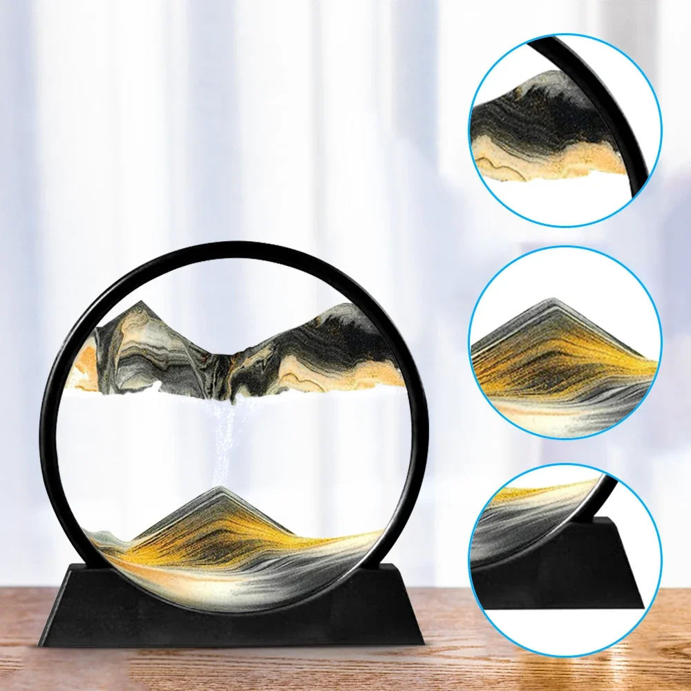 Moving Sand Art Round Glass 3D Hourglass Deep Sea Sandscape Display Frame - Home Decor (7/12 inch)