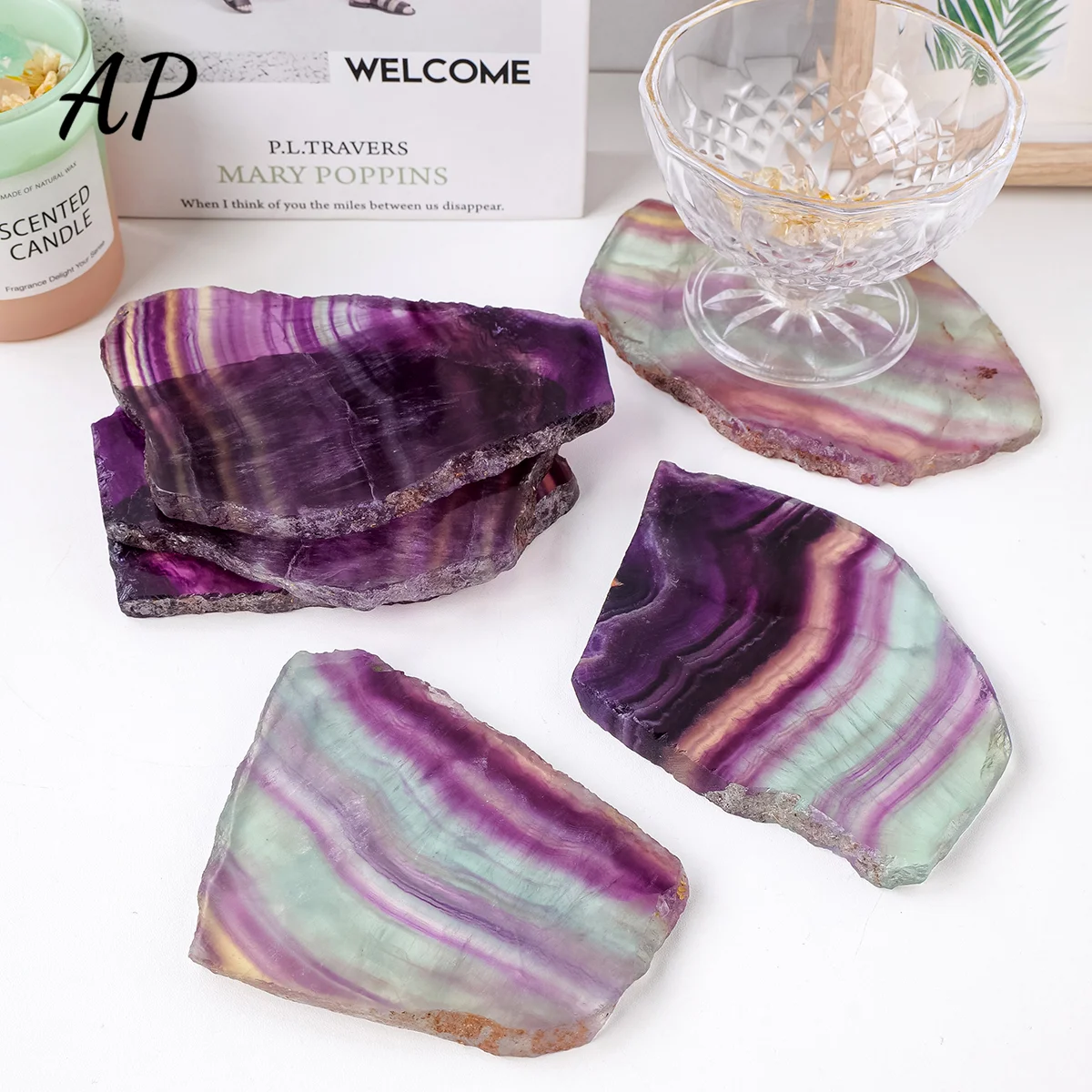 1PC Natural Watermelon Fluorite Slice Striped Crystal Section Crafts Healingt Stone Crystal  Desktop Decoration