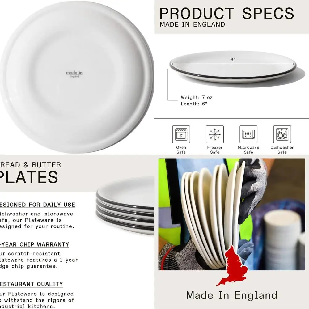 

Набор фарфоровых тарелок для хлеба и масла из 4 предметов, белый с черной оправой, ручная работа в Англии.