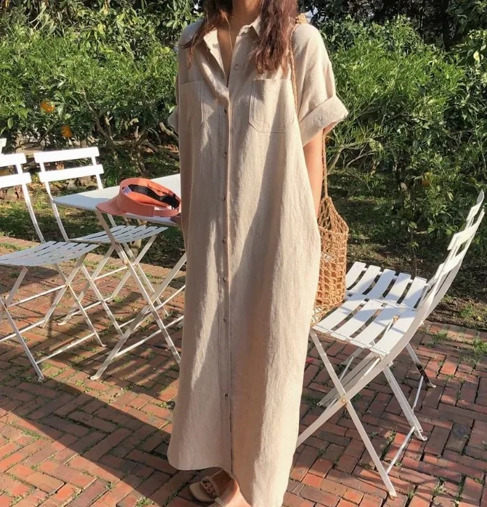 Women's Summer Solid Loose Long Shirt Dress Single Breasted Simple Cozy Maxi Sundress French Style