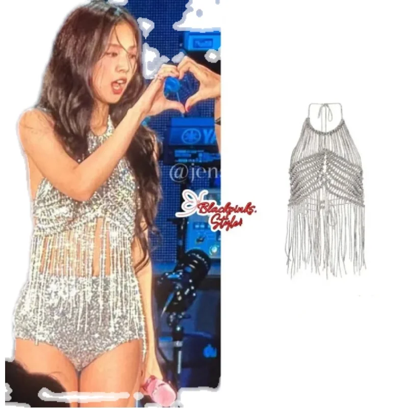 Sparkling Stage Costume For Korean Idol Singer Kpop Outfits Rhinestone Fringed Tops Shorts Y2K Concert Birthday Party Wear L5770