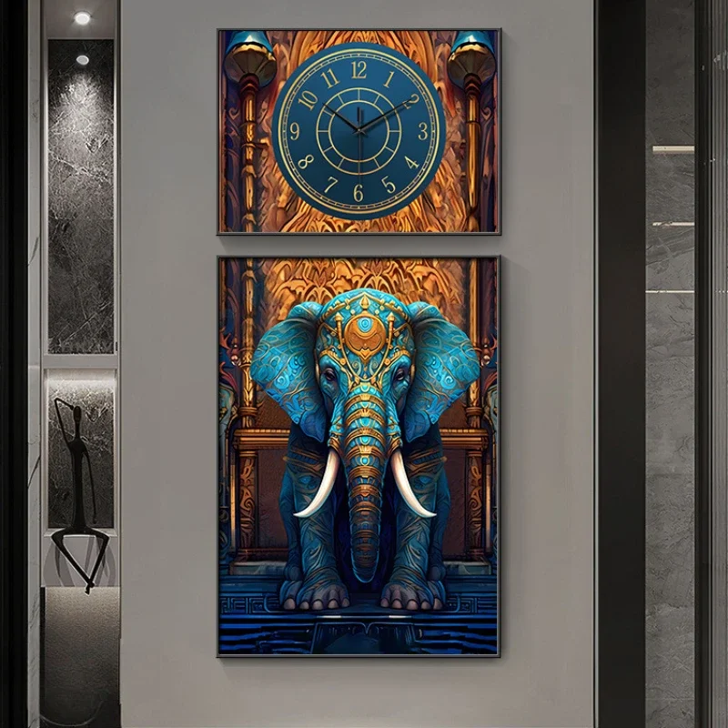 Auspicious elephant entry porch decorative painting with clock Auspicious corridor restaurant decorative painting clock