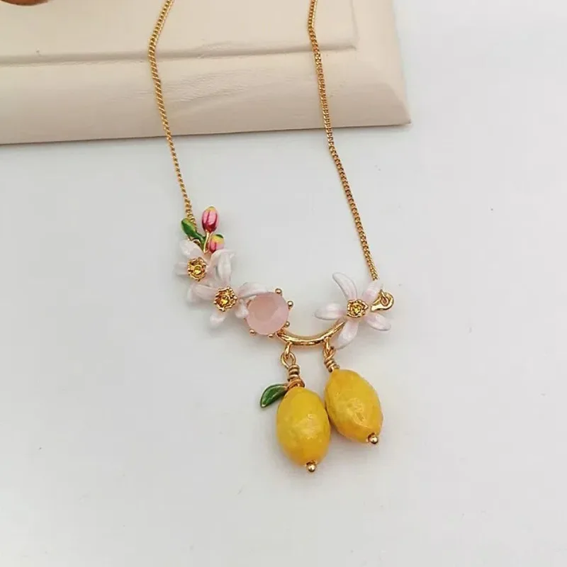 Boho Rural Style Hand-painted Enamel Fairy Series Series Fruit Tassels Pink Flower, Opal Pink Glass Cute Lemon Dangles Necklace