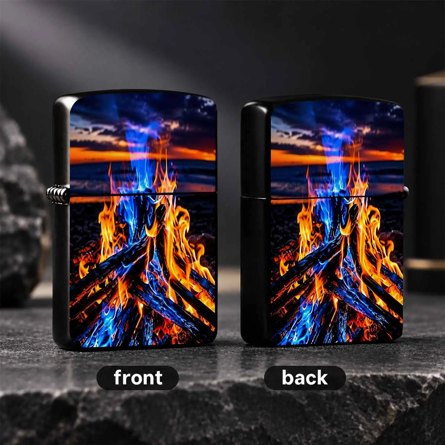 Creative Coastal Bonfire Sunset Themed Lighter, Art Print With Stunning Blue Orange Flame Visual, Portable Lightweight Ignition Tool For Daily Use, Outdoor Camping, Hiking, Party Gatherings, Unique Festive Gift For Frie A Humorous And Inter